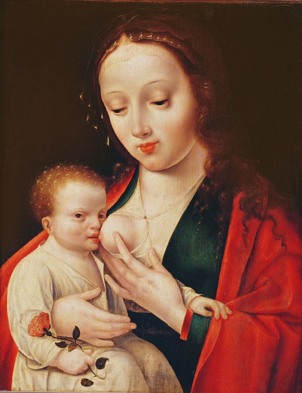 Dziewica karmiąca piersią Dzieciątko Chrystus autorstwa Joos van Cleve