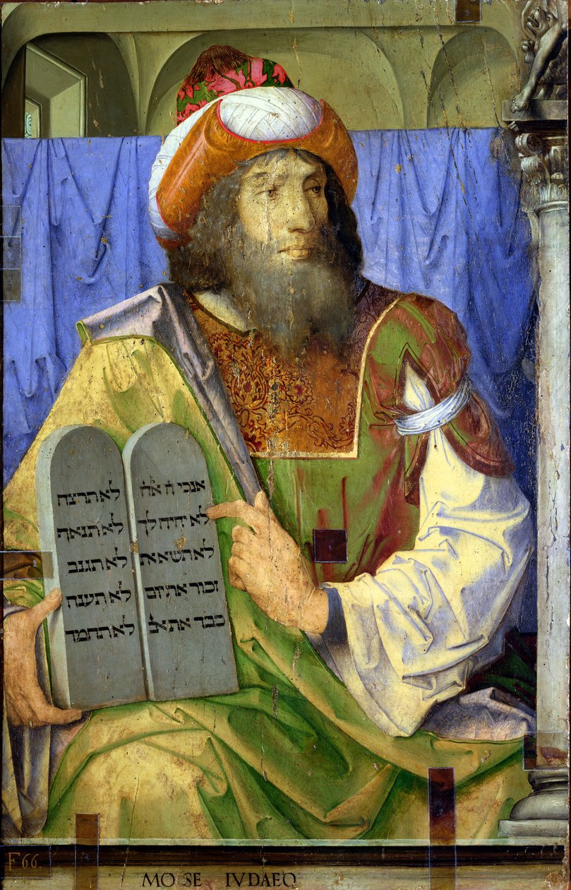 Mojżesz z dziesięciorgiem przykazań, z serii portretów wybitnych mężów (panel) (detal) (zob. 80418) autorstwa Joos van Gent