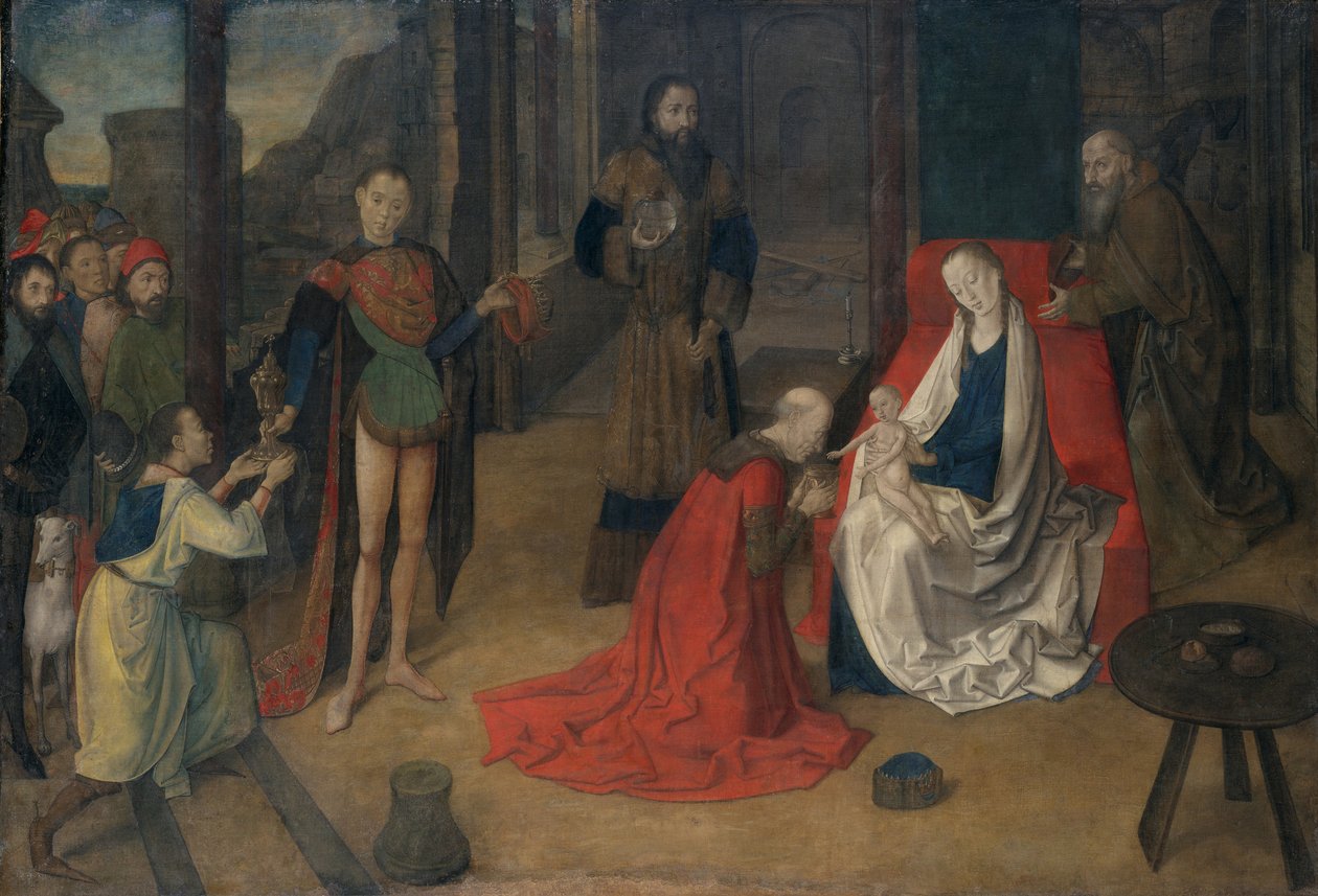 Adoracja Trzech Króli, 1465 (tempera na płótnie) autorstwa Joos van Wassenove