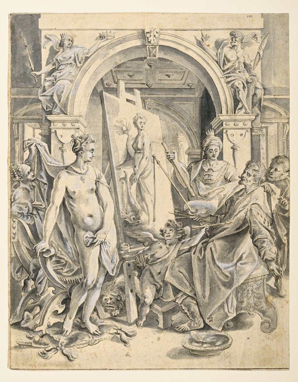 Obraz Apelles Campaspe (długopis i brązowy tusz, szary wash, biały kolor ciała na papierze wykładanym) autorstwa Joos or Jodocus van (after) Winghe