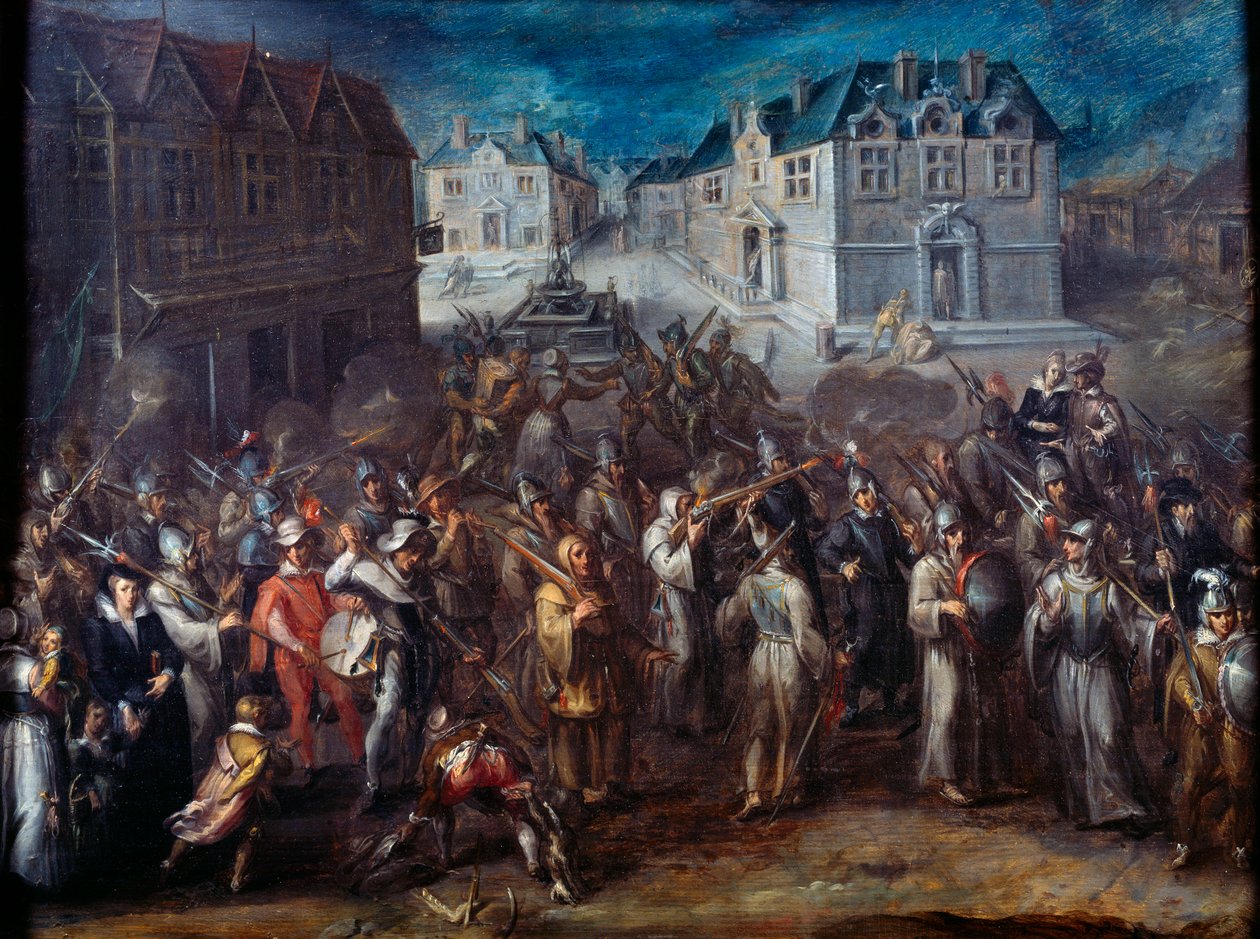 Wojny religijne między katolikami a protestantami: „”Pochód Ligi w 1590 lub 1593””. Obraz Joosa Van Winghe (1544-1603), Holandia autorstwa Joos or Jodocus van Winghe