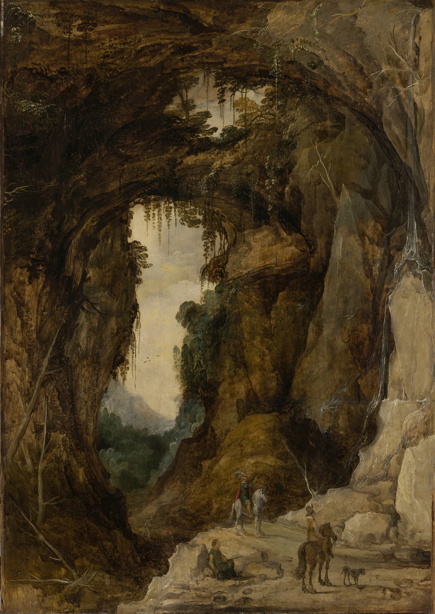 Krajobraz z grotą i jeźdźcem, ok. 1616 r. (olej na desce) autorstwa Joos or Josse de The Younger Momper