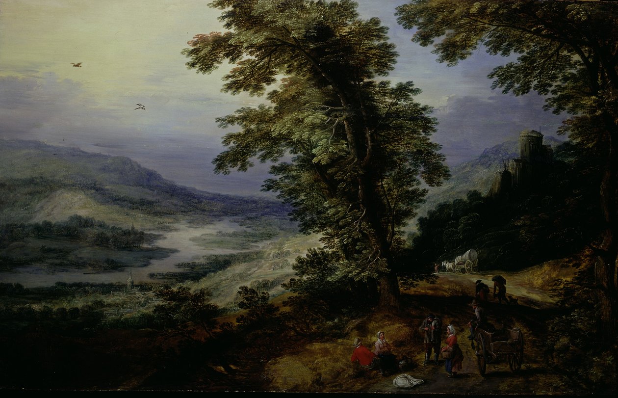 Górska droga z wędrowcami, ok. 1610-25 (olej na płycie) autorstwa Joos or Josse de The Younger Momper