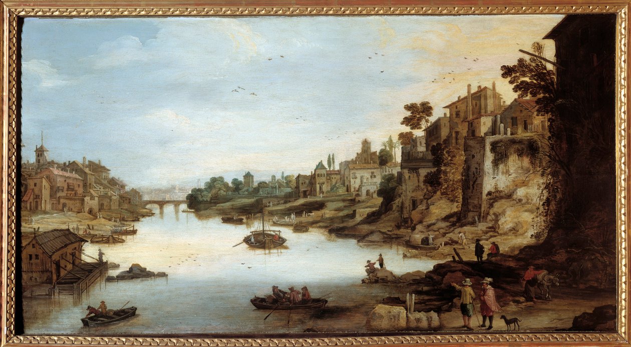 Widok Tybru (Tevere) w Rzymie Dom na palach po lewej stronie. Obraz Josse Mompera II (1564-1635) autorstwa Joos or Josse de The Younger Momper