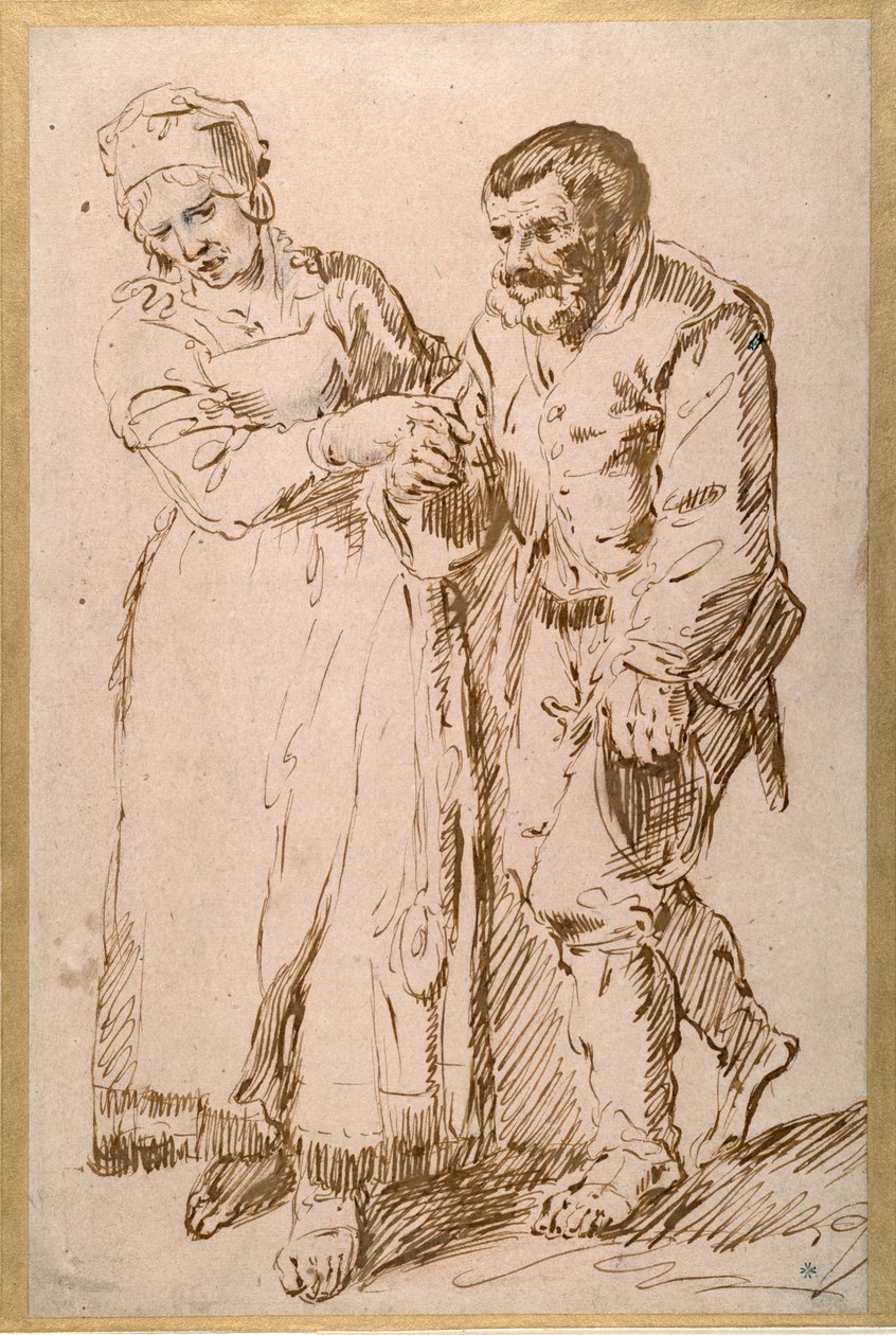 Kroki starszego chłopa prowadzonego przez żonę (pióro i atrament z kredą na papierze) autorstwa Joos van (attr. to) Craesbeeck