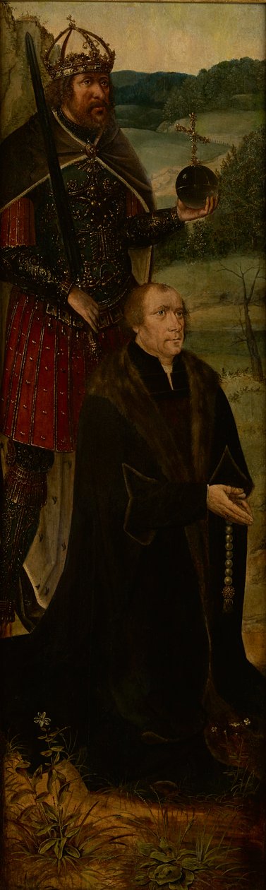 Król Konstantyn i darczyńca; jedno skrzydło ołtarza (olej na desce) autorstwa Joos van (follower of) Cleve