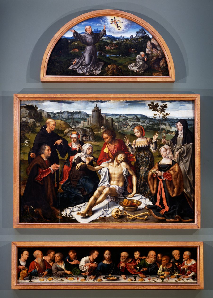 Ołtarz depozycji, ze stygmatami św. Franciszka, złożeniem Chrystusa i Ostatnią Wieczerzą z kościoła Braci Mniejszych w Genui, ok. 1520 autorstwa Joos van Cleve
