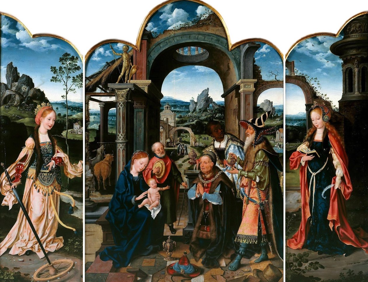Niderlandzki: św. Katarzyna (po lewej); Pokłon Trzech Króli (w środku); św. Barbara (po prawej) Pokłon Trzech Króli z Zygmuntem Polakiem autorstwa Joos van Cleve