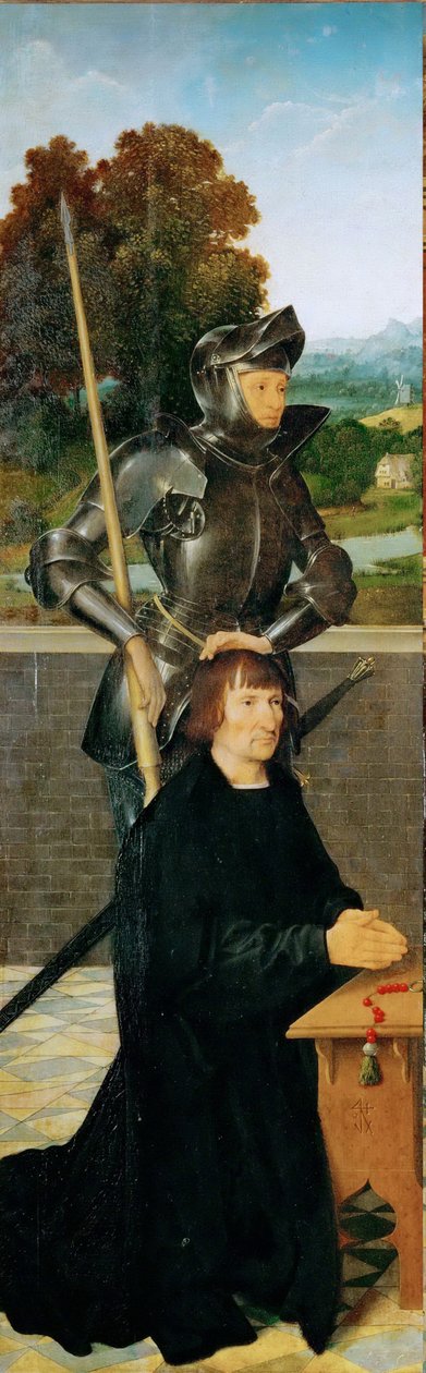 Wczesna sztuka niderlandzka: Święty Jerzy i Donor (skrzydlaty ołtarz, lewy panel) par Cleve, Joos van (ok. 1485-1540), ok. 1530. Olej na drewnie, 94,5x30. Muzeum Historii Sztuki, Wiedeń autorstwa Joos van Cleve