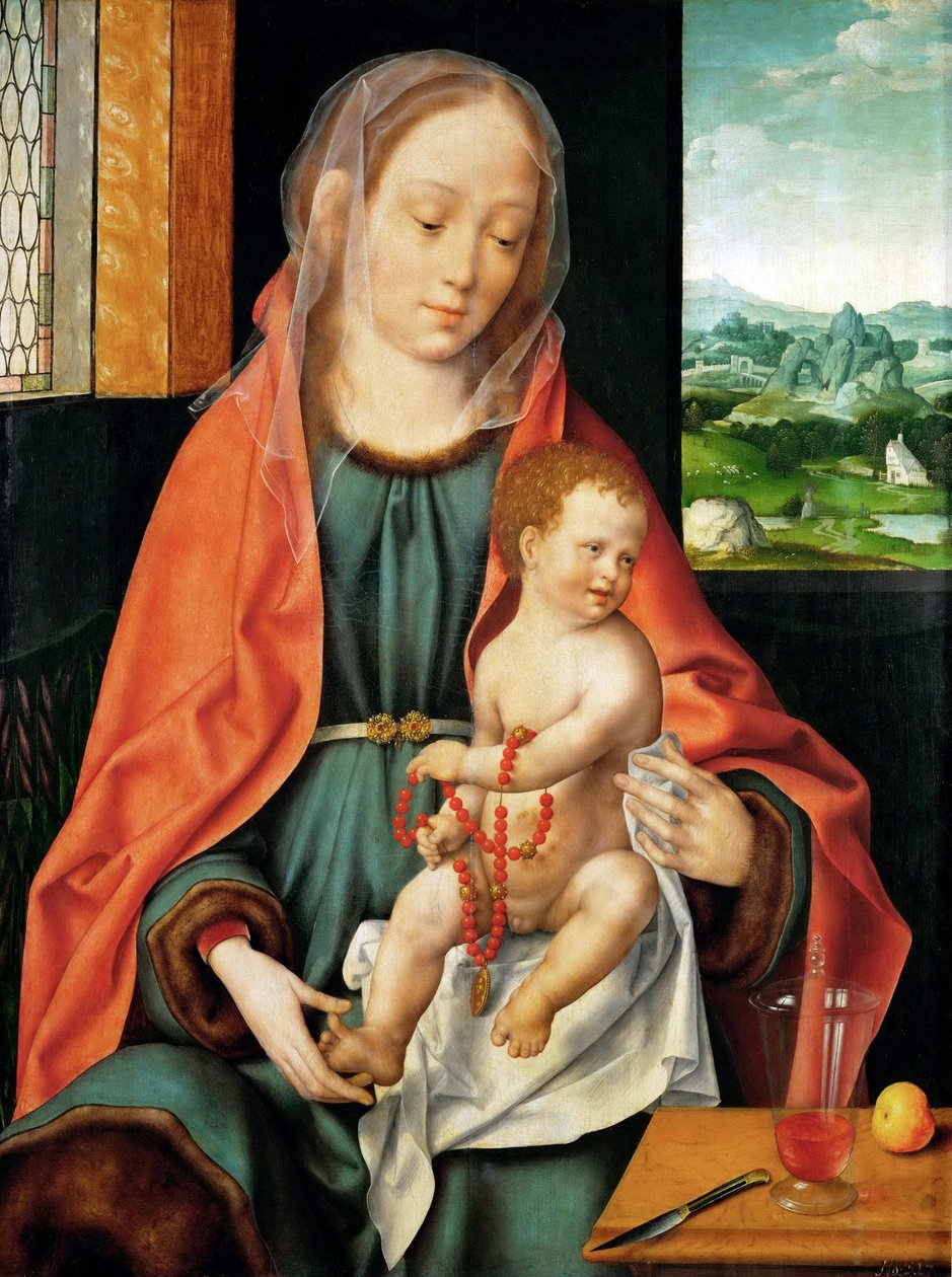 Wczesna sztuka niderlandzka: Dziewica z Dzieciątkiem par Cleve, Joos van (ok. 1485-1540), ok. 1530. Olej na drewnie, 74,3x56. Muzeum Historii Sztuki, Wiedeń autorstwa Joos van Cleve