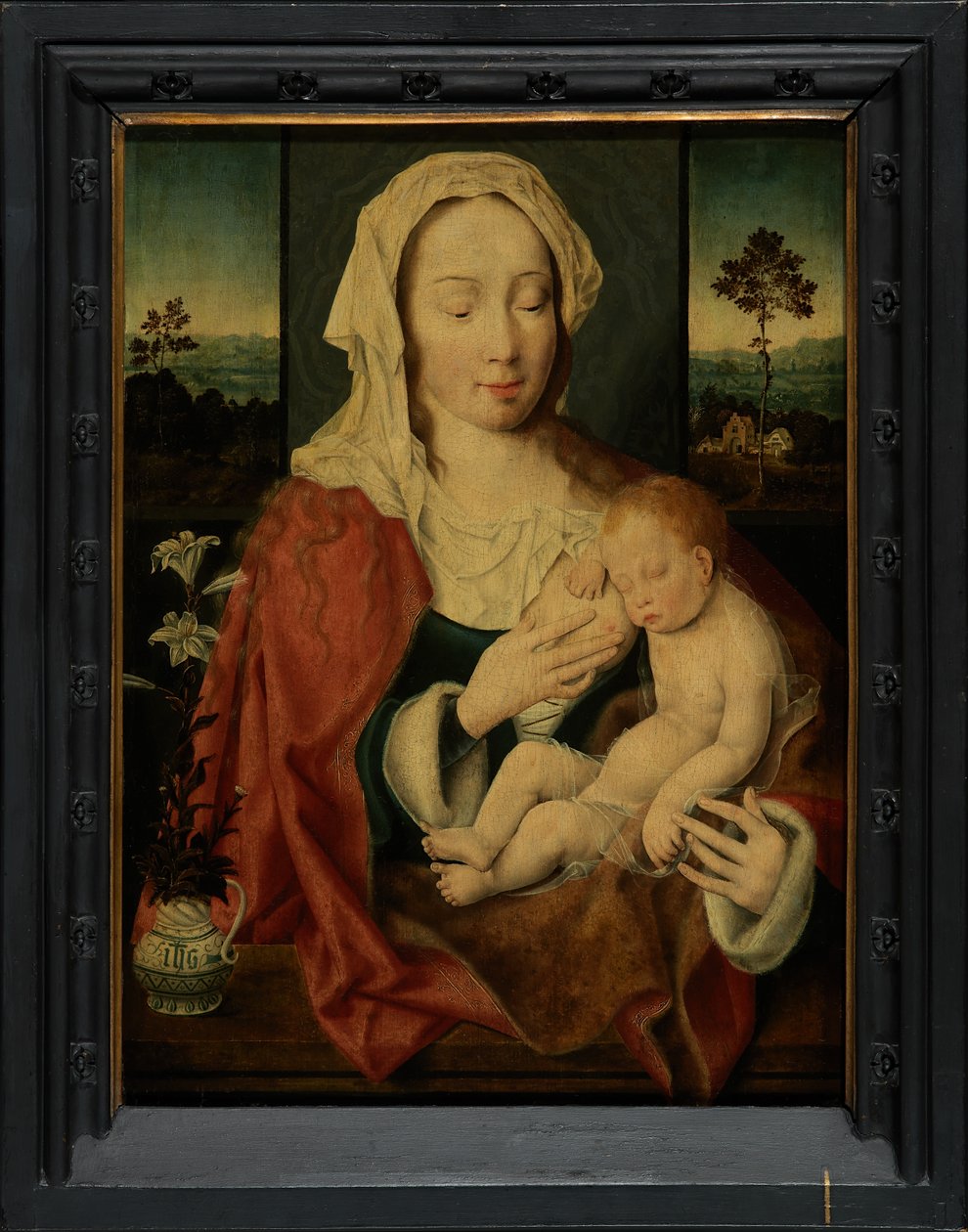 Matka Boska ze Śpiącym Dzieciątkiem Jezus (olej na desce) autorstwa Joos van Cleve
