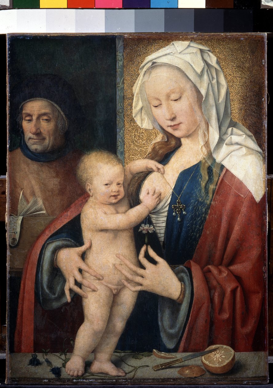 „Święta Rodzina” (Święta Rodzina) Dzieciątko Jezus bawi się piersią swojej matki. Obraz Joosa van Cleve (Cleef) (ok. 1485-1540) XVI w. Wymiary 42,5x31,5 cm Sankt Petersburg. Muzeum Ermitażu autorstwa Joos van Cleve