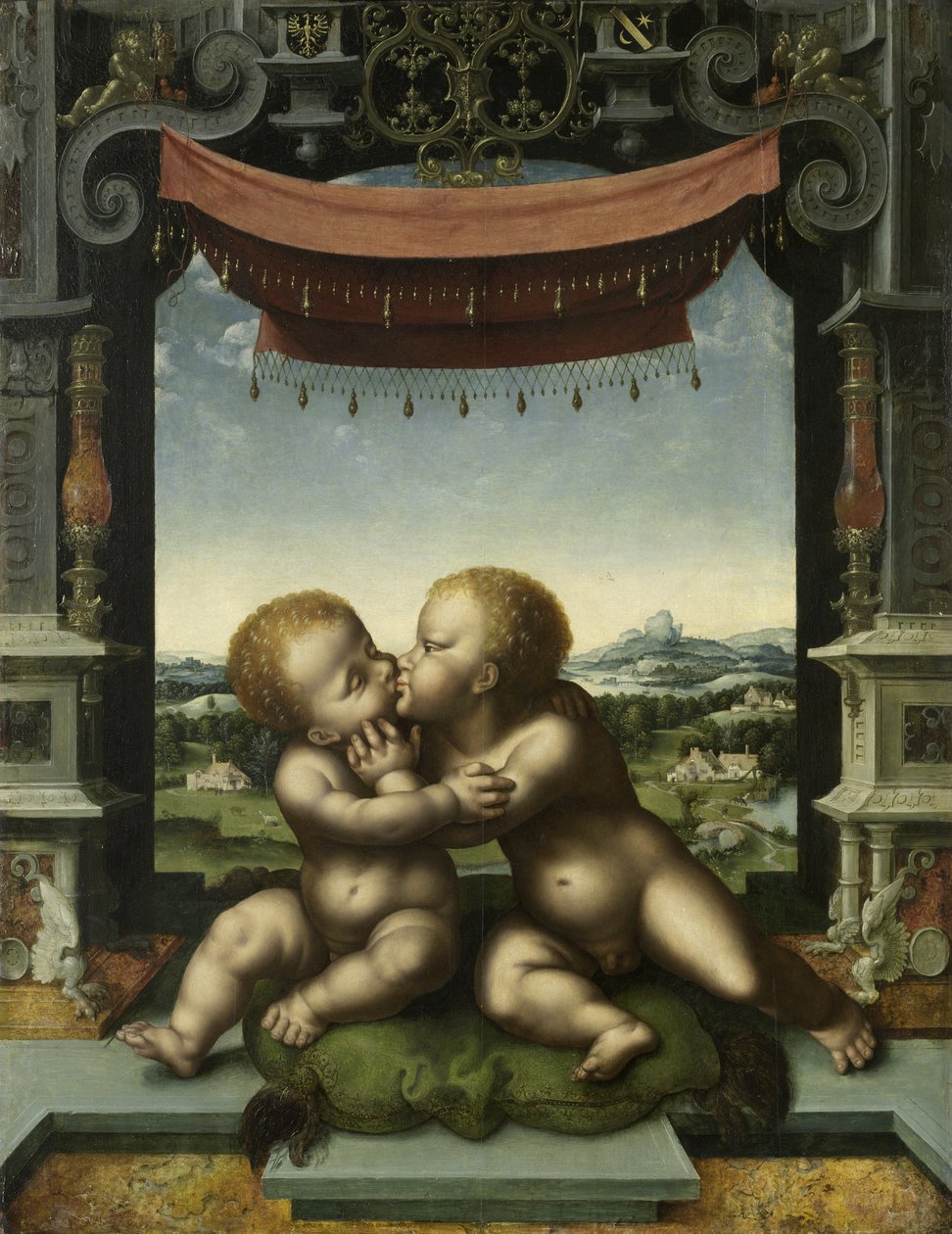 Niemowlęta w objęciach Chrystusa i św. Jana Chrzciciela, 1520-25 autorstwa Joos van Cleve