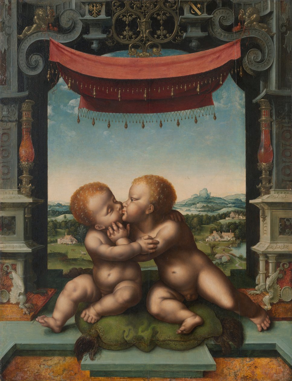 Niemowlęta w objęciach Chrystusa i św. Jana Chrzciciela, 152025 r autorstwa Joos van Cleve