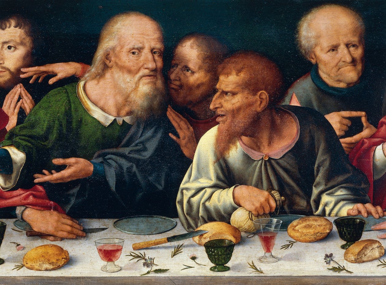 Ostatnia Wieczerza, Judasz i inni apostołowie, Joos van Cleve (1485-1540 ca), ołtarz z kościoła Frati Minori w Genui, Włochy autorstwa Joos van Cleve