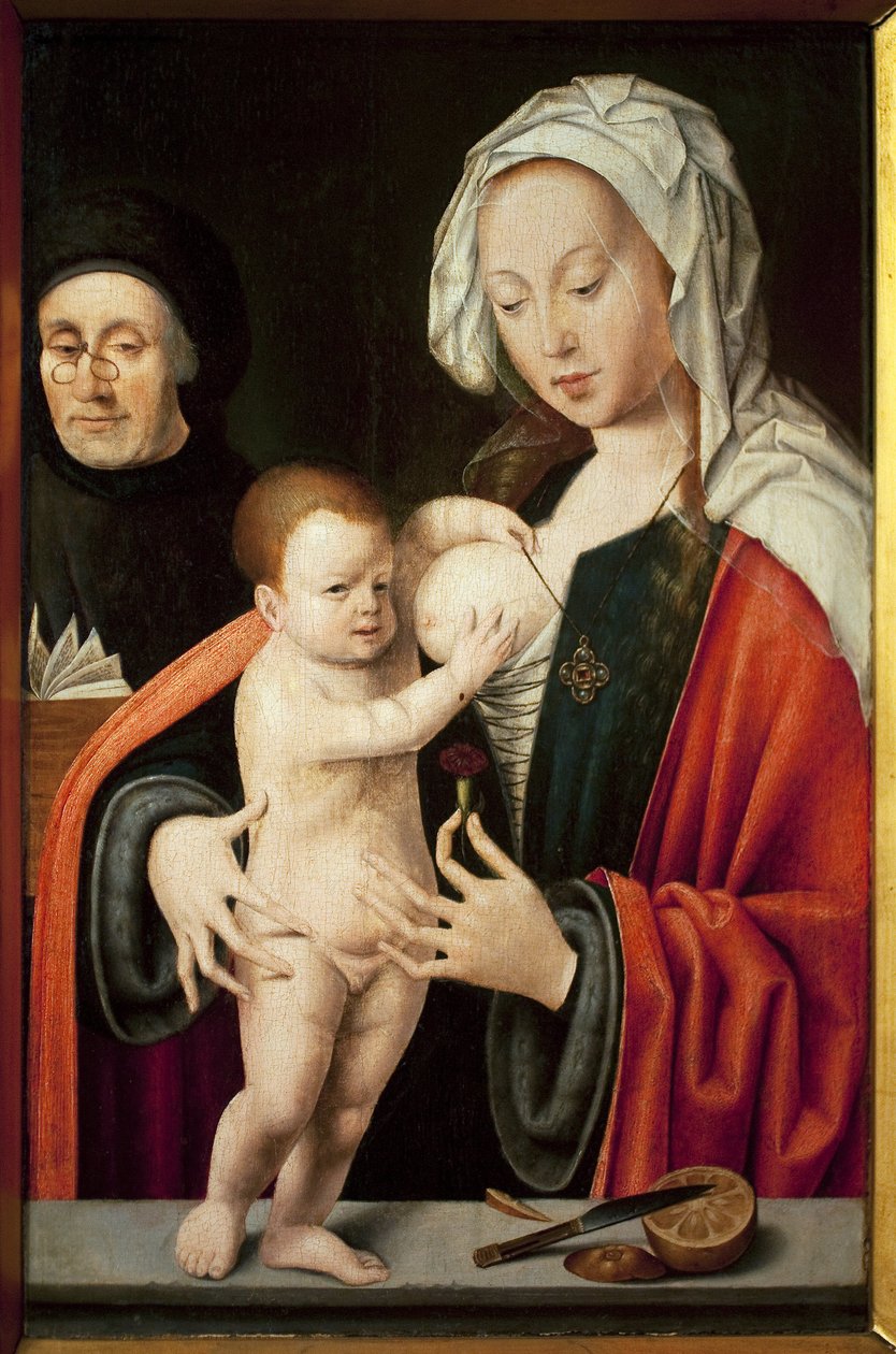 Dziewica, Dzieciątko i dawca. Obraz Joosa Van Cleve (1485-1540), olej na drewnie. Sztuka flamandzka XVI wieku. Musee Grobet Labadie, Marsylia. autorstwa Joos van Cleve