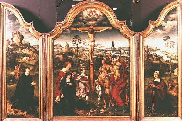 Tryptyk: Ukrzyżowanie w otoczeniu klęczących Darczyńców (olej) autorstwa Joos van Cleve