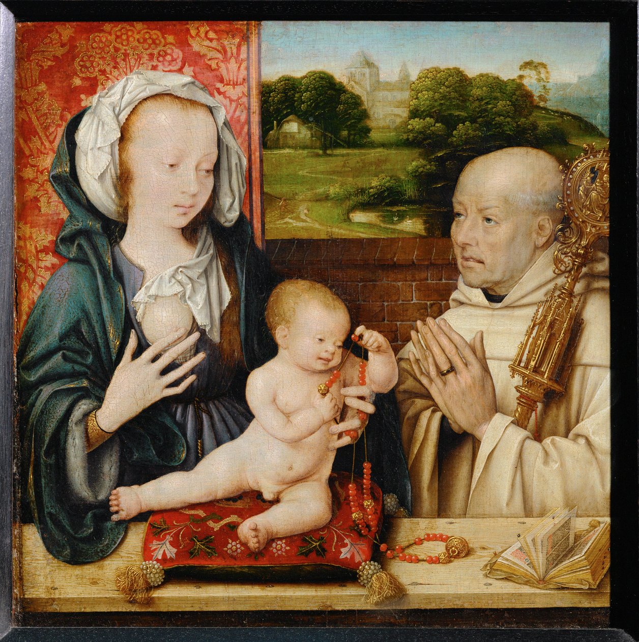 Dziewica z Dzieciątkiem ze świętym Bernardem z Clairvaux. W tle opactwo w Cluny ... autorstwa Joos van Cleve