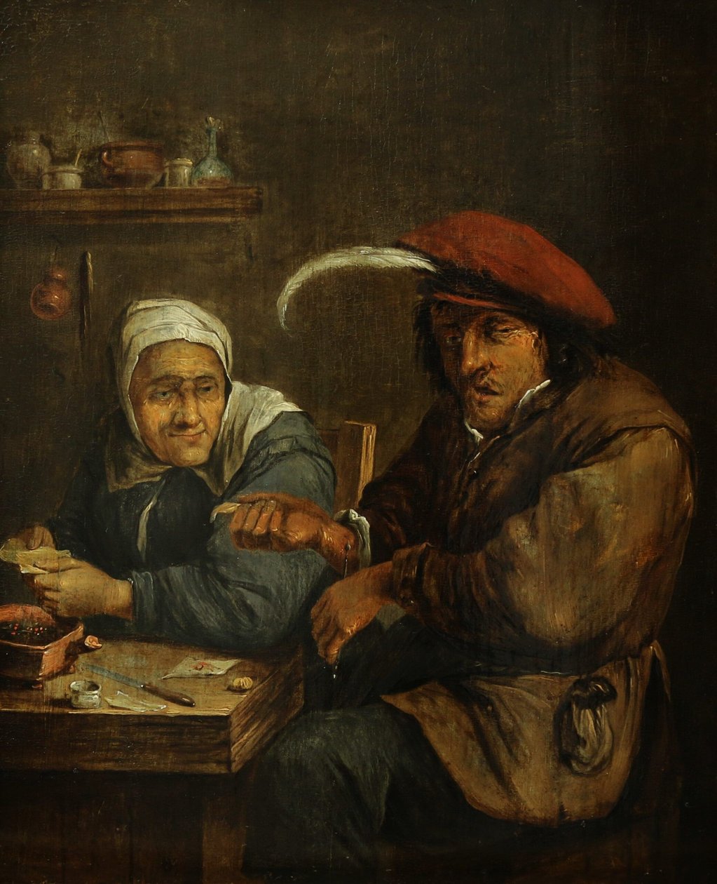 Wnętrze ze starą kobietą i mężczyzną puszczającymi krew (alegoria zmysłu dotyku) autorstwa Joos van Craesbeeck