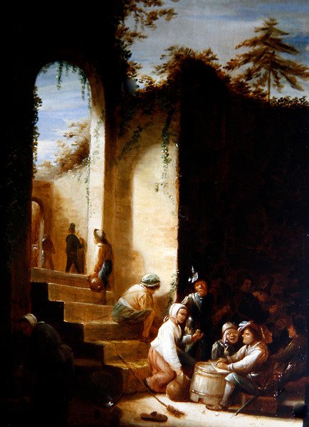 Chłopi i żołnierze na dziedzińcu (olej na panelu) autorstwa Joos van Craesbeeck