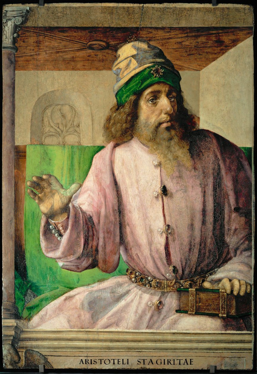 Arystoteles, grecki filozof Z serii 28 portretów, namalowanych około 1475 roku dla studiolo Federigo da Montefeltre ... autorstwa Joos van Gent (fl.1460 75)
