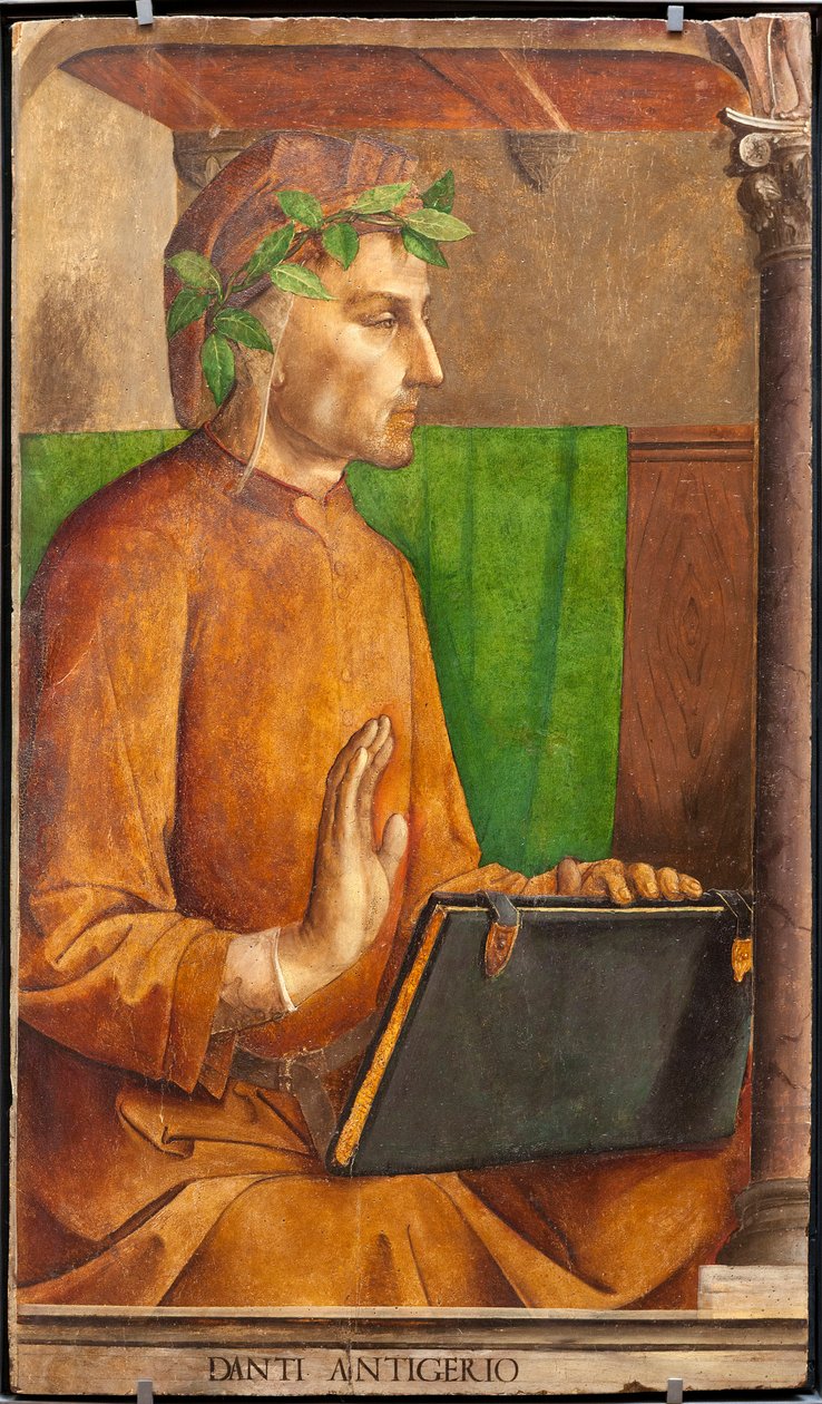 Wizerunek Dantego Alighieri (1265-1321), poety, włoskiego pisarza, autora Boskiej Komedii, nakrycie głowy liripion - Obraz Juste z Gandawy (Joos van Wassenhove) (ok. 1435-ok. 1475) i Pedro Berruguete (ok. 1450- przed 1504), część zbioru 2 autorstwa Joos van Gent (fl.1460 75)