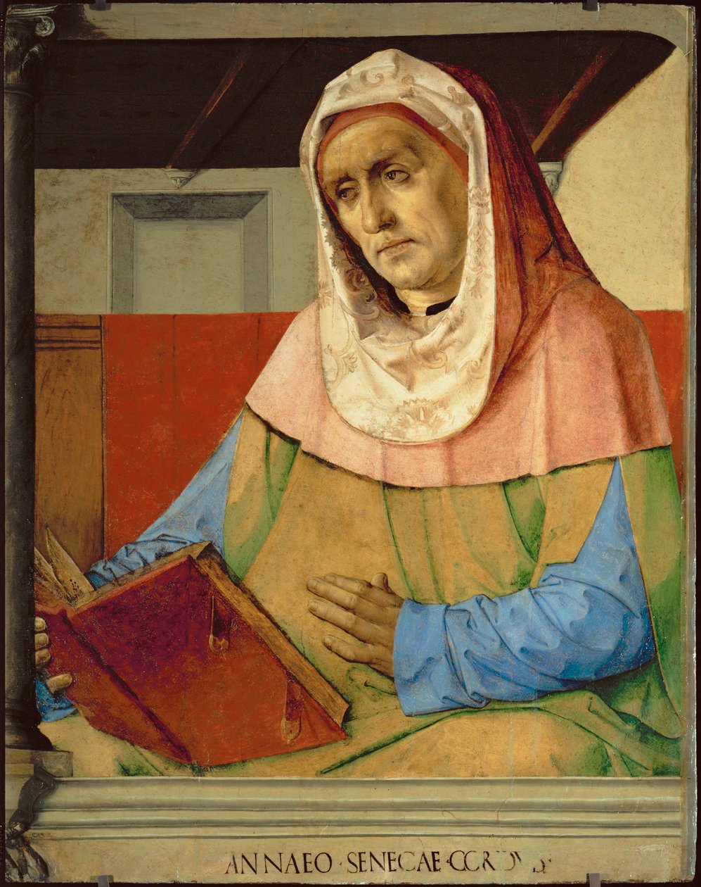 Seneka, rzymski filozof Z serii 28 portretów, namalowanych około 1475 roku dla studiolo Federigo da Montefeltre ... autorstwa Joos van Gent (fl.1460 75)