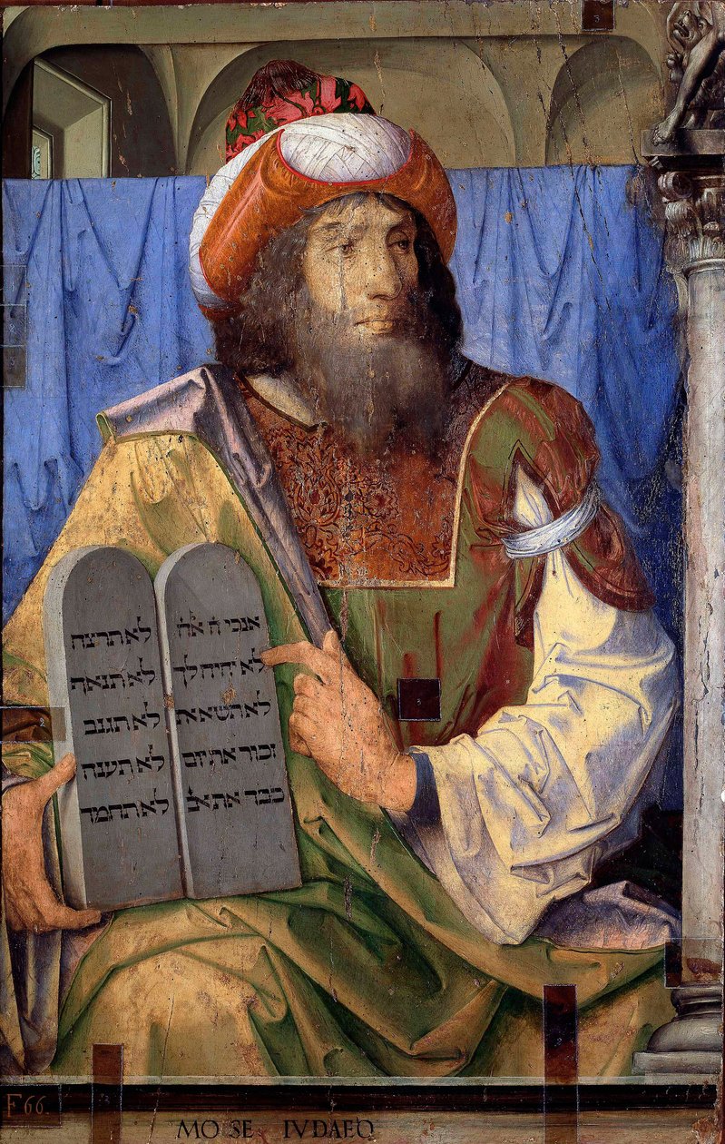 Portrety wybitnych ludzi: Mojżesz i tablice prawa. Obraz Joosa van Wassenhove (lub Justus van Gent znany również jako Josse lub Jodocus z Gandawy lub Giusto di Ghent lub Juste de Ghent, działający w latach 1460-1475). Malowanie na drewnie. Wymiary: 74 x 11 autorstwa Joos van Gent (fl.1460 75)