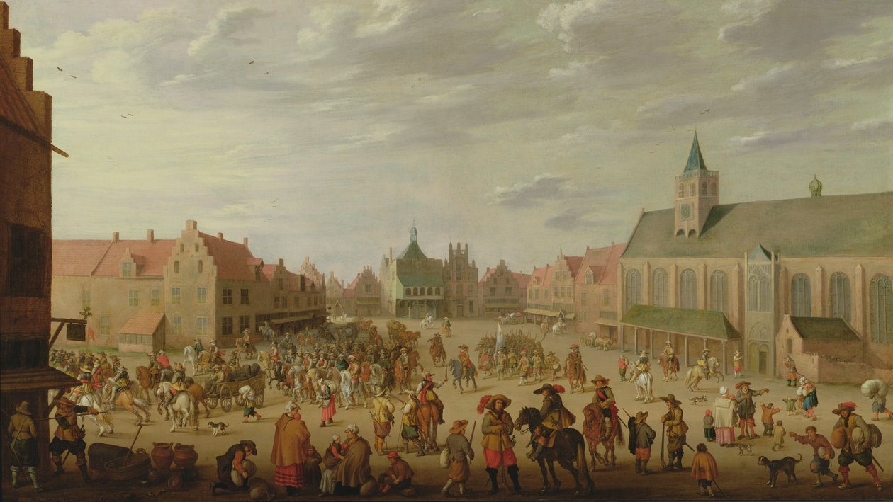 Procesja wojskowa na rynku miasta Amersfoort autorstwa Joost Cornelisz. Droochsloot