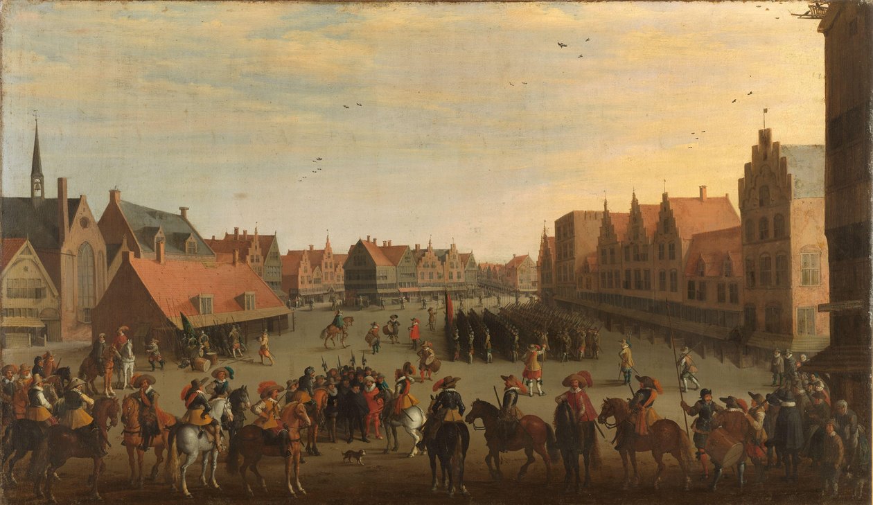 Rozwiązanie „Waardgelders” (najemnicy na żołdzie rządu miejskiego) przez księcia Mauritsa w Utrechcie, 31 lipca 1618 autorstwa Joost Cornelisz Droochsloot