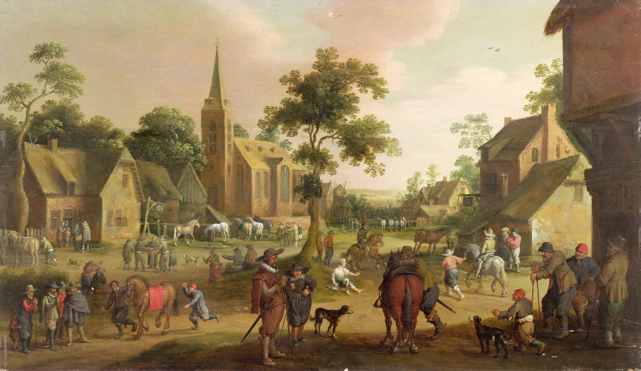 Wędrowcy, żebracy i końscy gliniarze w wiosce autorstwa Joost Cornelisz. Droochsloot