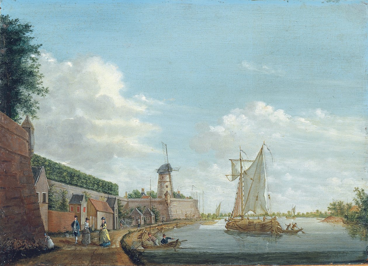 Krajobraz rzeczny z eleganckimi mieszczańskimi deptakami przy murze miejskim, ok. 1776 r. autorstwa Jordanus Hoorn
