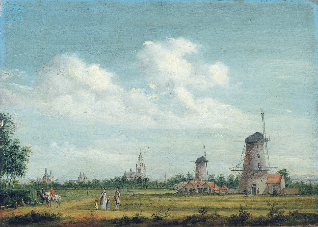 Widok na Arnhem z St. Walburgiskerk po lewej i Grote Kerk po prawej, nieopodal elegancki deptak mieszczański, 1776 autorstwa Jordanus Hoorn