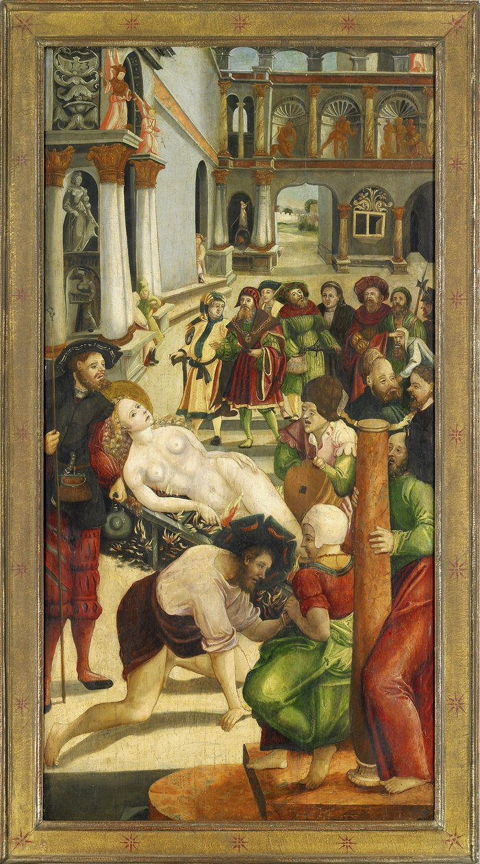 Sainte Agathe sur le bucher - Płonący. Skrzydło z ołtarza św. Agaty - Greimold, Joerg (Jorg) (ok. 1500-po 1540) - 1523 - Olej na drewnie - 109x57 - Stadtmuseum Weilheim autorstwa Jörg Greimold
