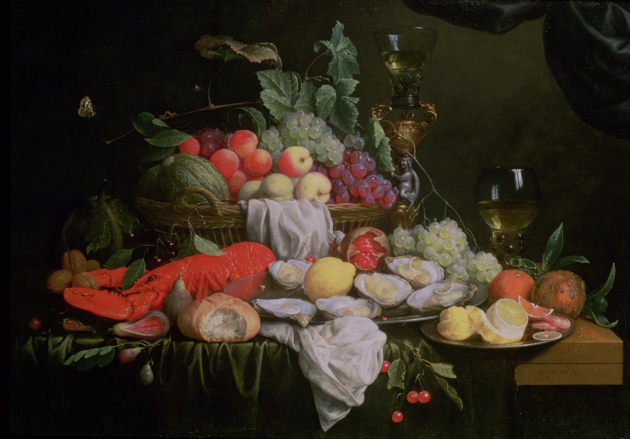 Martwa natura z cytryną, ostrygami, homarem i owocami, 1658 autorstwa Joris van Son