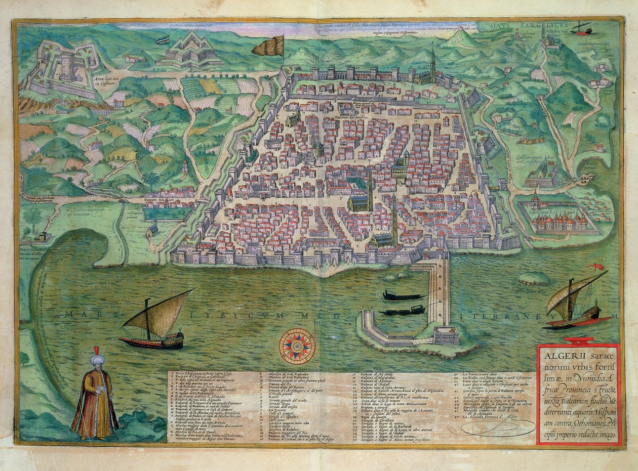 Mapa Algieru z „Civitates Orbis Terrarum” Georga Brauna (1541-1622) i Fransa Hogenberga (1535-90), ok.1572 (kolorowa rycina) autorstwa Joris (after) Hoefnagel