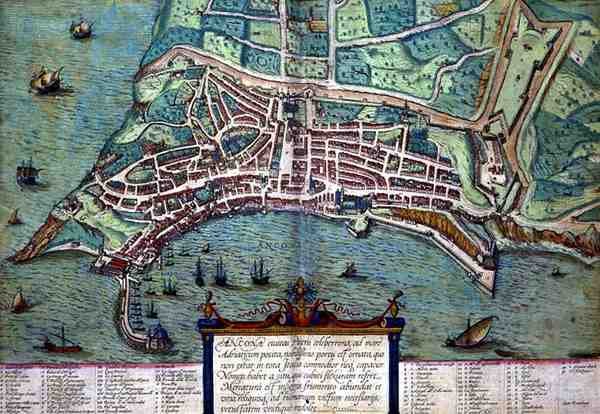 Mapa Ankony z „Civitates Orbis Terrarum” Georga Brauna (1541-1622) i Fransa Hogenburga (1535-90), ok.1572 (kolorowa rycina) autorstwa Joris (after) Hoefnagel