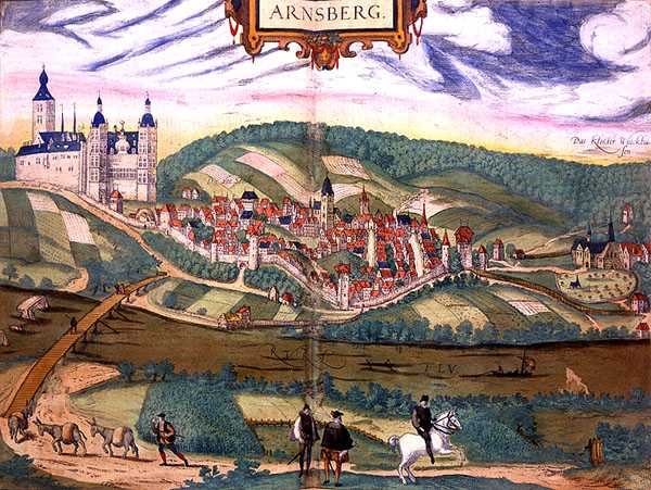 Mapa Arnsberg, z „Civitates Orbis Terrarum” Georga Brauna (1541-1622) i Fransa Hogenberga (1535-90) c.1572-1617 (kolorowa rycina) autorstwa Joris (after) Hoefnagel