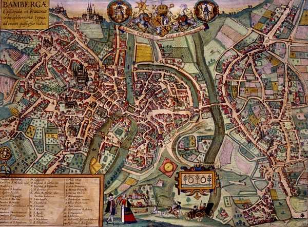 Mapa Bambergu z „Civitates Orbis Terrarum” Georga Brauna (1541-1622) i Fransa Hogenberga (1535-90) c.1572-1617 (kolorowa rycina) autorstwa Joris (after) Hoefnagel