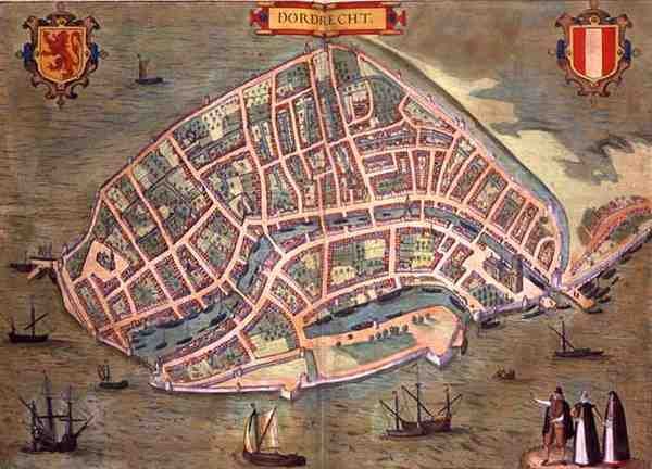 Mapa Dordrechtu z „Civitates Orbis Terrarum” Georga Brauna (1541-1622) i Fransa Hogenburga (1535-90), ok.1572 (kolorowa rycina) autorstwa Joris (after) Hoefnagel