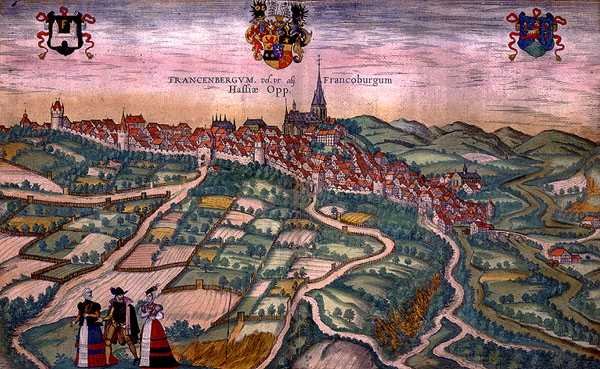 Mapa Frankenburga z „Civitates Orbis Terrarum” Georga Brauna (1541-1622) i Fransa Hogenberga (1535-90) c.1572-1617 (kolorowa rycina) autorstwa Joris (after) Hoefnagel