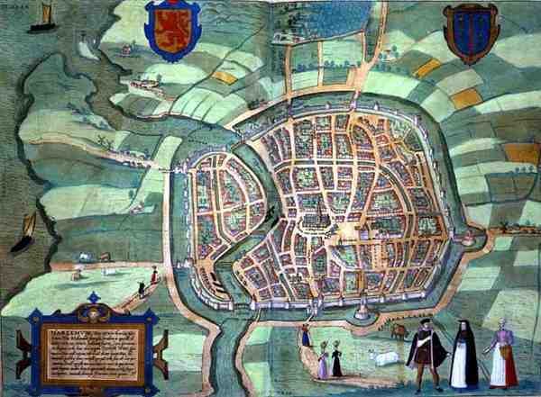 Mapa Haarlemu z „Civitates Orbis Terrarum” Georga Brauna (1541-1622) i Fransa Hogenburga (1535-90), ok.1572 (kolorowa rycina) autorstwa Joris (after) Hoefnagel