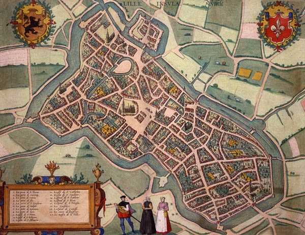 Mapa Lille z „Civitates Orbis Terrarum” Georga Brauna (1541-1622) i Fransa Hogenberga (1535-90) c.1572-1617 (kolorowa rycina) autorstwa Joris (after) Hoefnagel