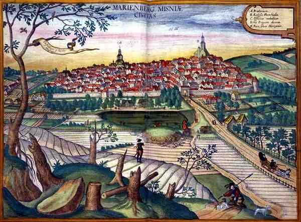 Mapa Marienburga z „Civitates Orbis Terrarum” Georga Brauna (1541-1622) i Fransa Hogenberga (1535-90), ok.1572 (kolorystyka) autorstwa Joris (after) Hoefnagel