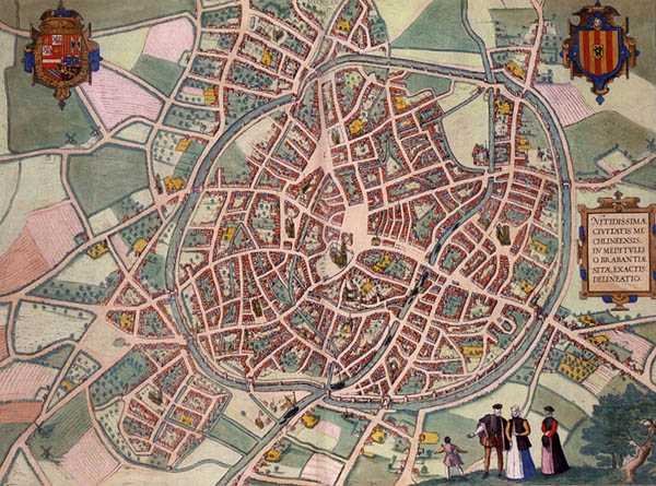 Mapa Mechelen z „Civitates Orbis Terrarum” Georga Brauna (1541-1622) i Fransa Hogenberga (1535-90) c.1572-1617 (kolorowa rycina) autorstwa Joris (after) Hoefnagel