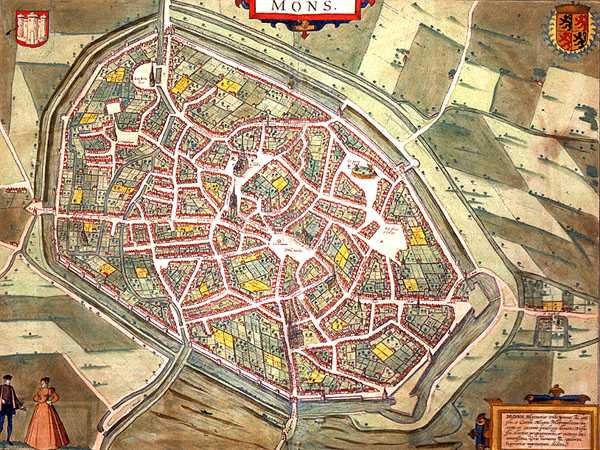 Mapa Mons z „Civitates Orbis Terrarum” Georga Brauna (1541-1622) i Fransa Hogenberga (1535-90) c.1572-1617 (kolorowa rycina) autorstwa Joris (after) Hoefnagel