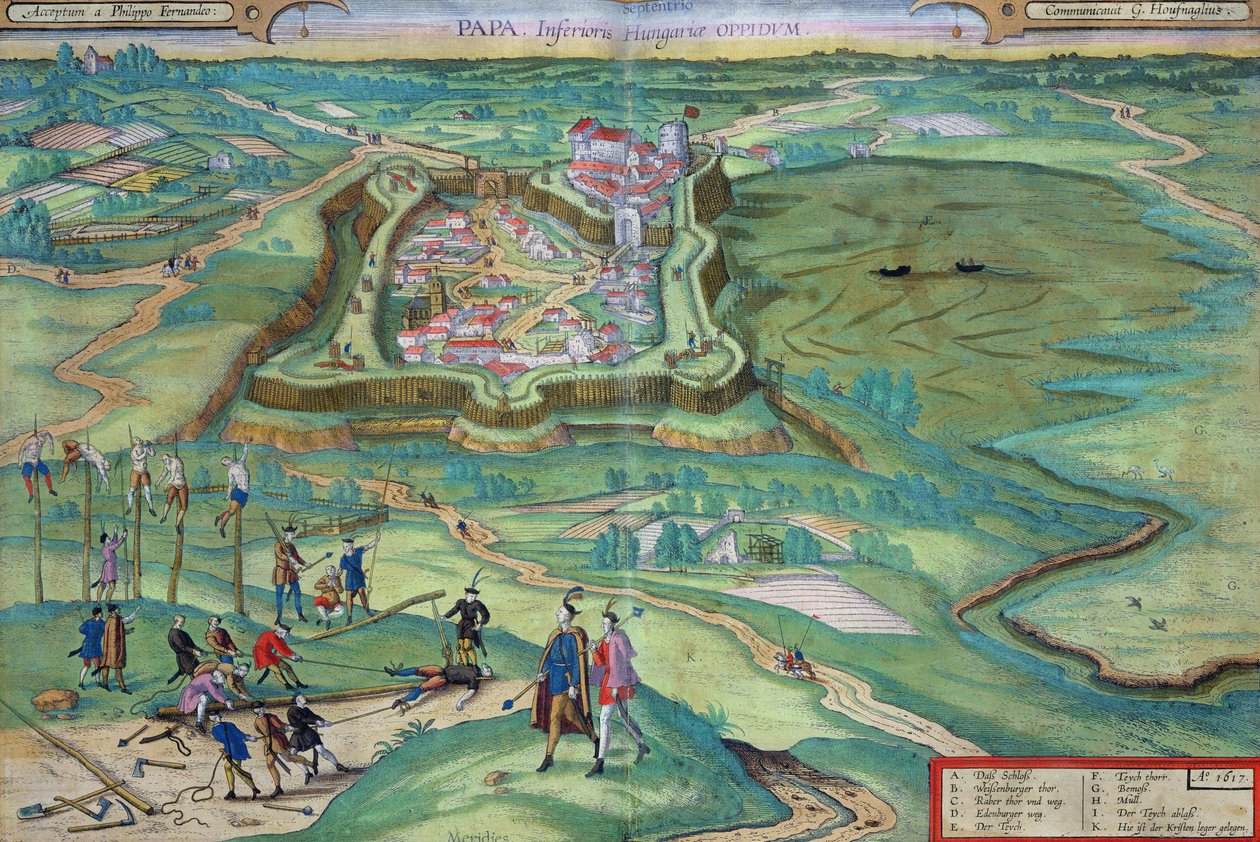 Mapa Papy, z „Civitates Orbis Terrarum” Georga Brauna (1541-1622) i Fransa Hogenberga (1535-90) 1617 (kolorowy grawer) autorstwa Joris (after) Hoefnagel