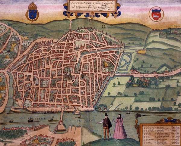 Mapa Rouen z „Civitates Orbis Terrarum” Georga Brauna (1541-1622) i Fransa Hogenberga (1535-90) c.1572-1617 (kolorowa rycina) autorstwa Joris (after) Hoefnagel