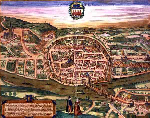 Mapa Saintes z „Civitates Orbis Terrarum” Georga Brauna (1541-1622) i Fransa Hogenberga (1535-90) autorstwa Joris (after) Hoefnagel