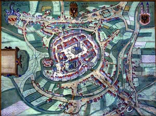 Mapa Schleiden z „Civitates Orbis Terrarum” Georga Brauna (1541-1622) i Fransa Hogenberga (1535-90), ok.1572 (kolorowa rycina) autorstwa Joris (after) Hoefnagel